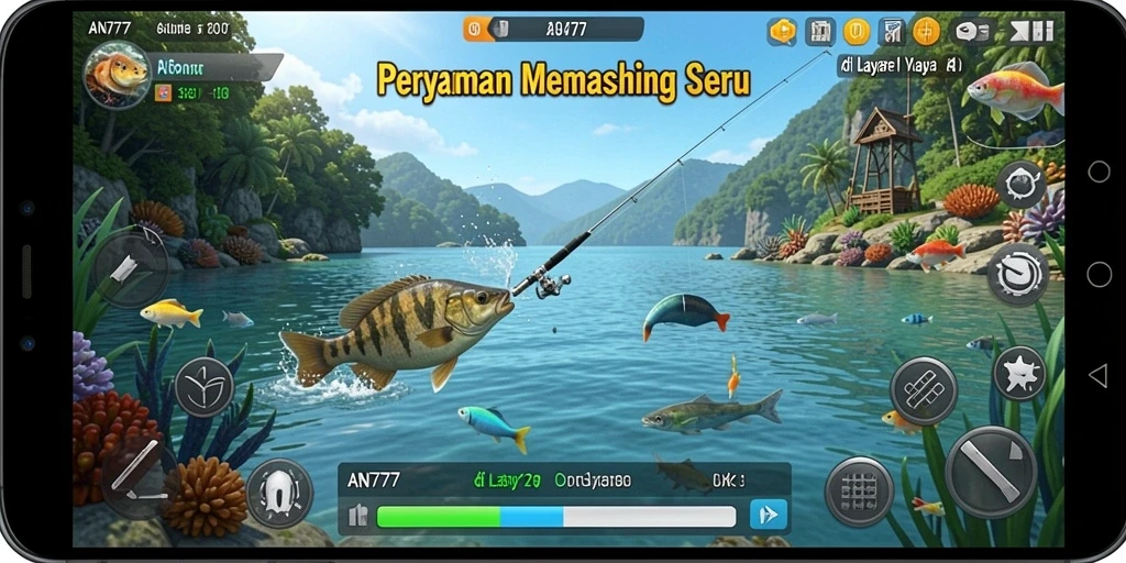 Tampilan gameplay AN777 dengan ikan yang beragam dan lokasi memancing yang indah.