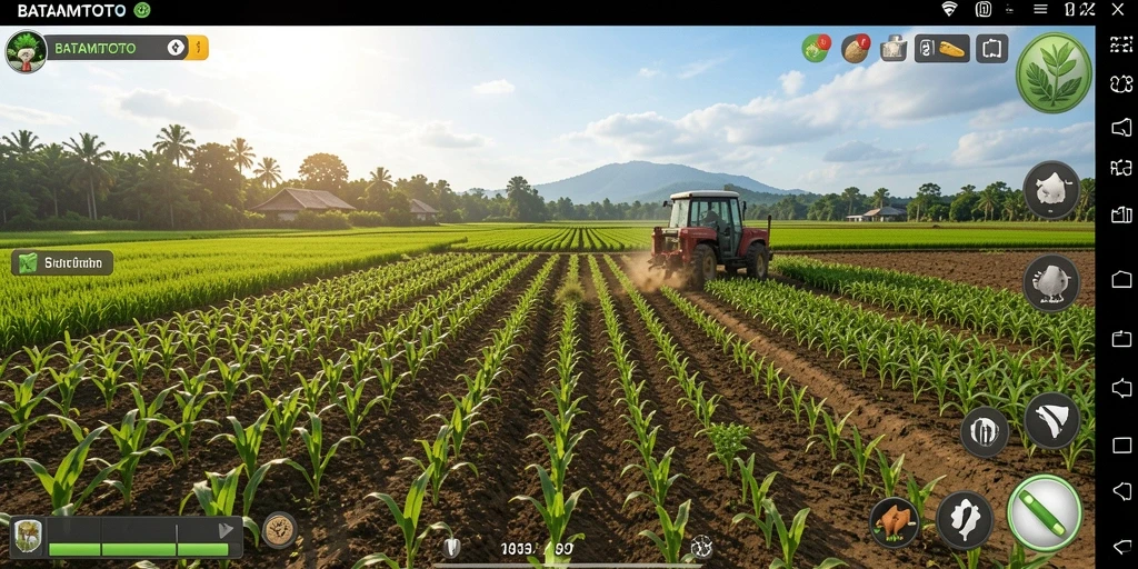 Screenshot gameplay BATAMTOTO menampilkan kebun yang subur dan aktivitas bertani.