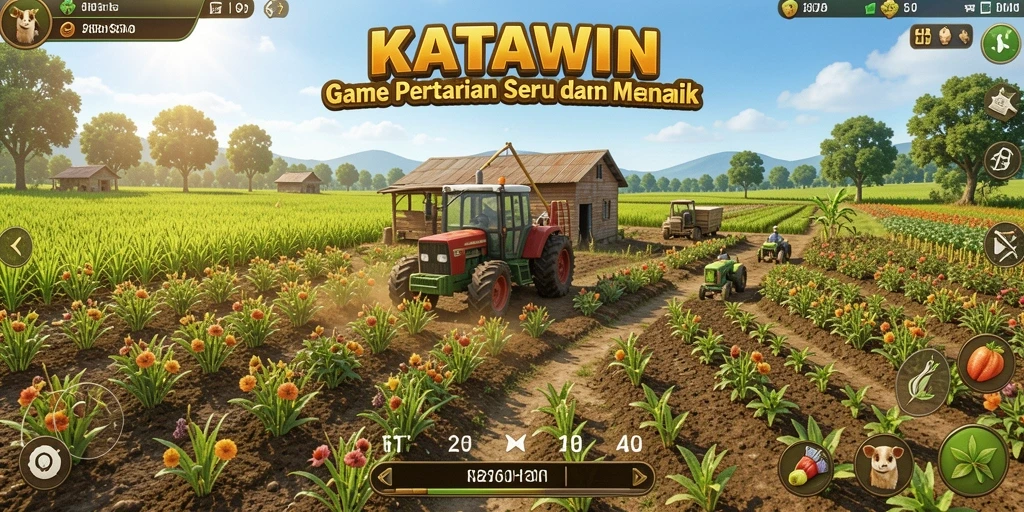 Screenshot gameplay KATAWIN menampilkan kebun yang subur dan beragam tanaman.