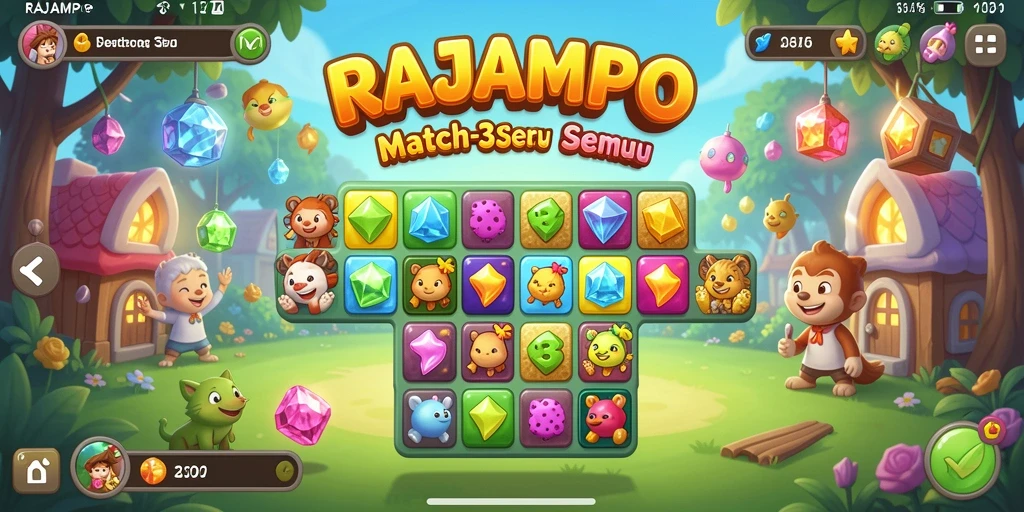 Screenshot utama RAJAMPO menunjukkan gameplay Match-3 yang seru.